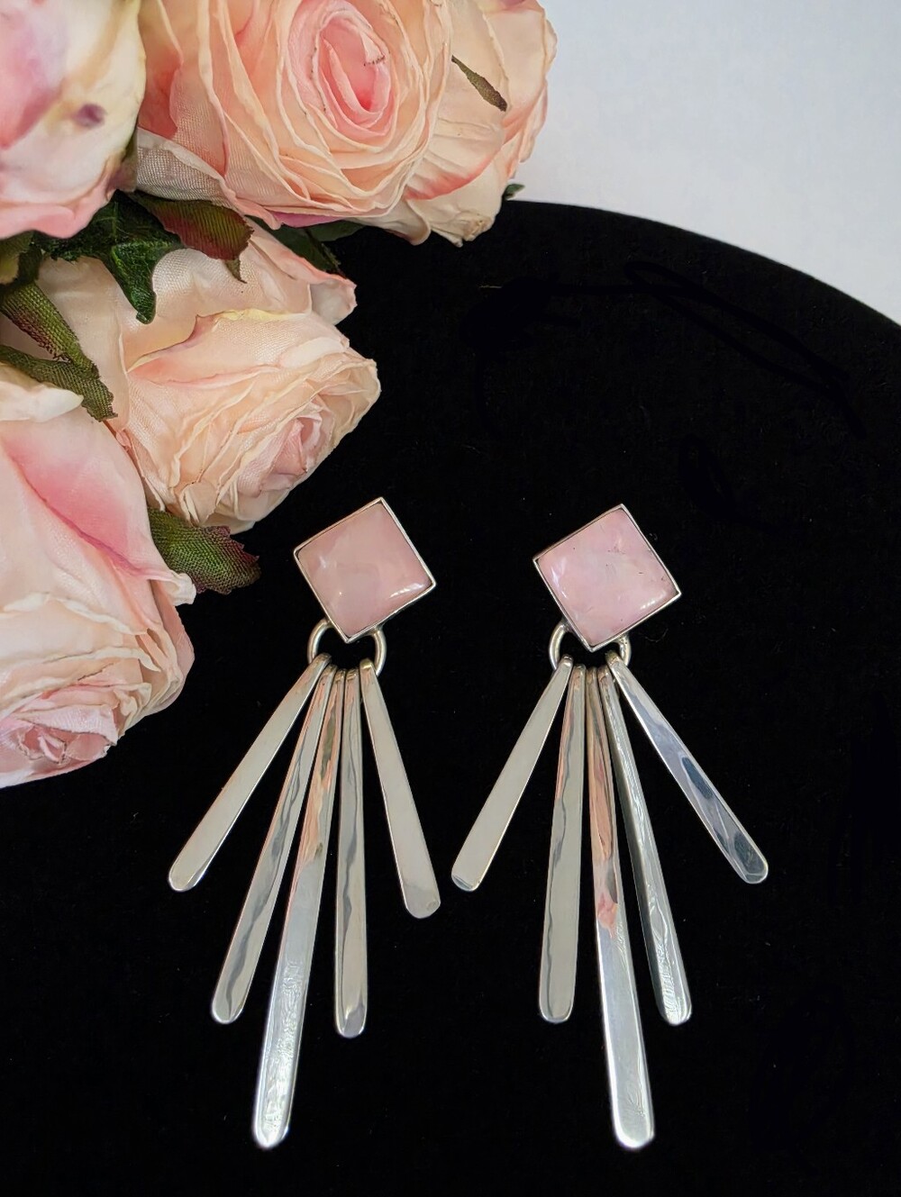Rose Quartz and Sterling Silver Waterfall Silhouette Vintage Earrings